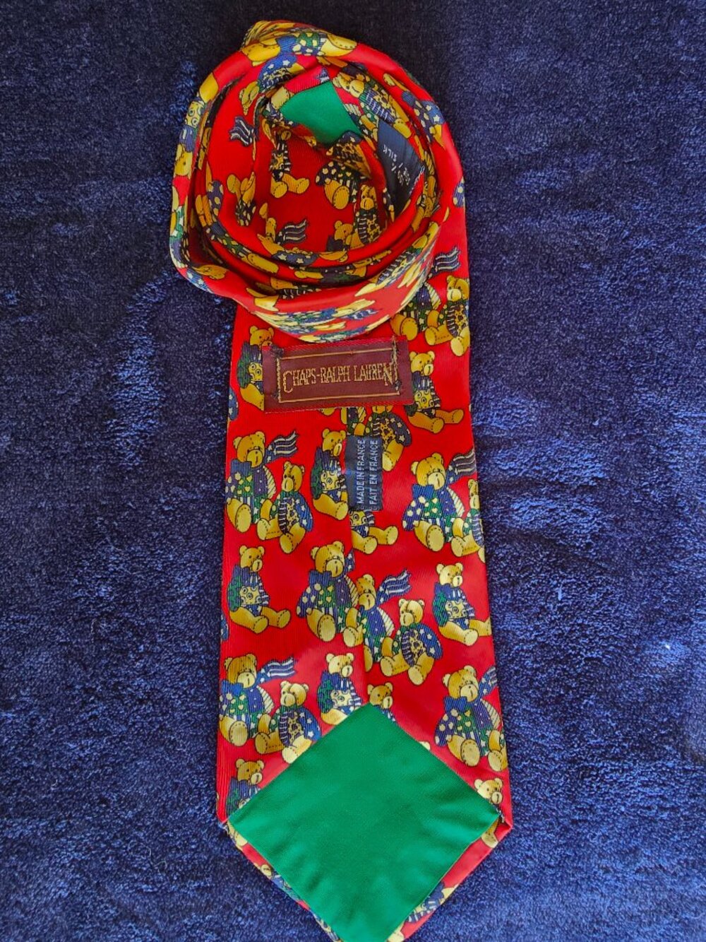 Vintage Chaps Ralph Lauren Polo Bear Silk Tie Red Made In France 90s Novelty - Picture 2 of 9